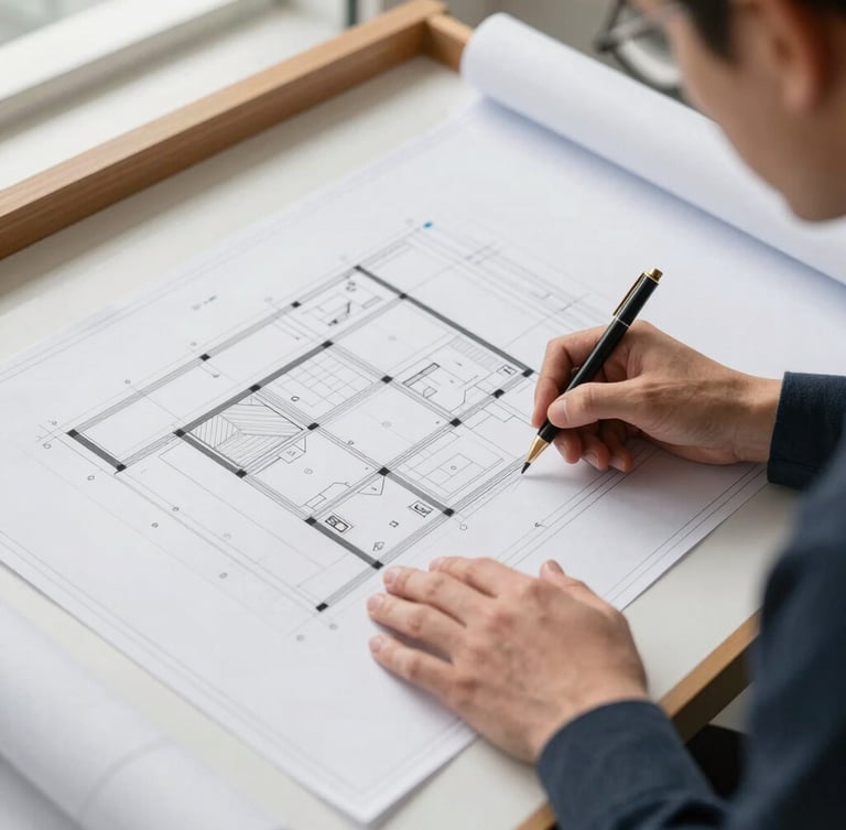 Professional consultant examining architectural plans on a drafting table, clean lines, bright natural daylight, medium shot, focused on details of the plan.
