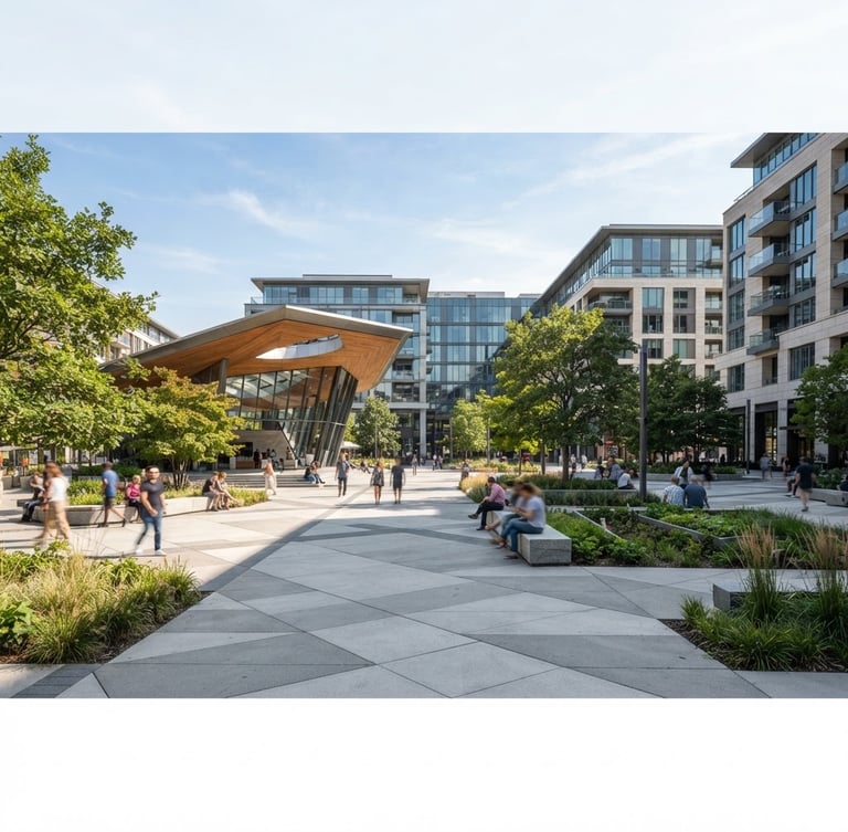 Wide architectural shot of a modern public plaza with clear sightlines and strategic landscaping, bright natural daylight, clean geometric lines, professional editorial style.