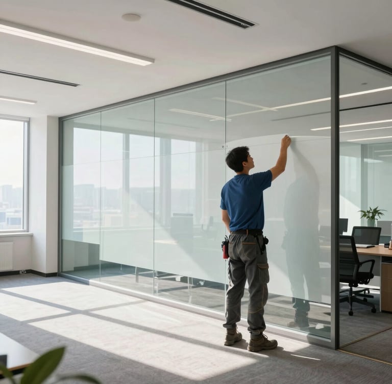 Wide environmental shot of a professional installer precisely applying a large-format laminated vinyl graphic onto a glass boardroom wall in a modern sunlit office, 35mm lens
