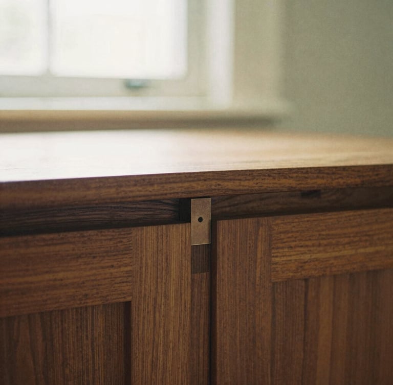 Detailed close-up of mortise and tenon wood joinery on a warm walnut cabinet, soft afternoon window light, shallow depth of field, medium format film.