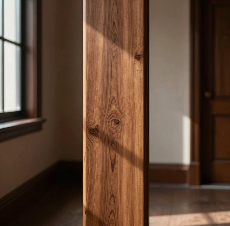 A portrait crop of a slim walnut wood trunk positioned in a sunlit brownstone hallway, soft afternoon window light casting gentle shadows, showing rich natural wood grain.