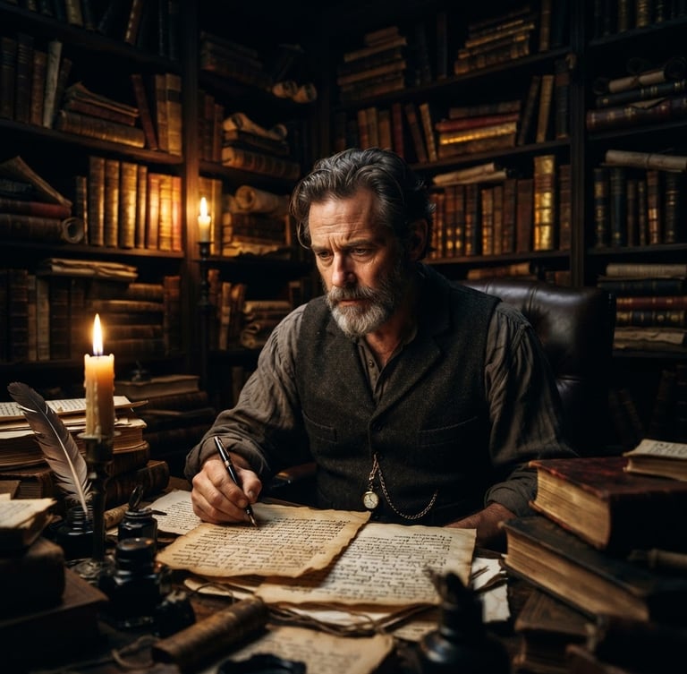 Dramatic chiaroscuro portrait of author Noah Rufes in his study, warm candlelight illuminating his face, ancient manuscripts and leather-bound books in the dark background, gold and crimson tones, 35mm lens