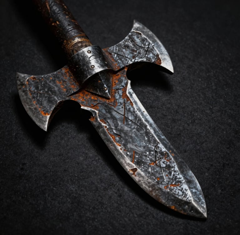 Macro photography of a weathered fantasy axe blade with deep battle scars, realistic rust wash, dark studio lighting, high contrast