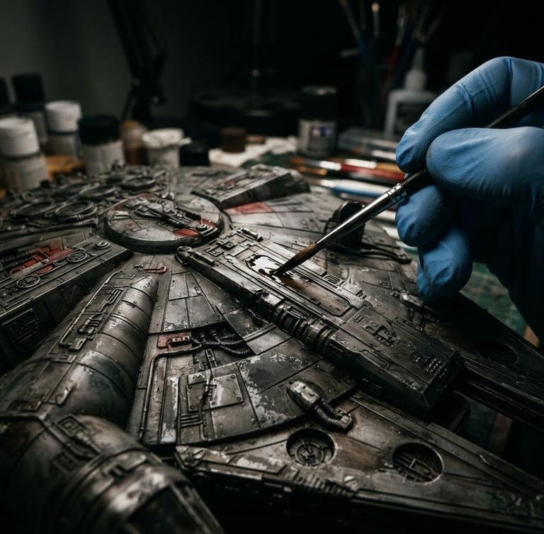 Macro photography of hands applying a dark wash to a highly detailed sci-fi model, dark dramatic product photography, high-contrast studio lighting, deep shadows, sharp textures, 35mm
