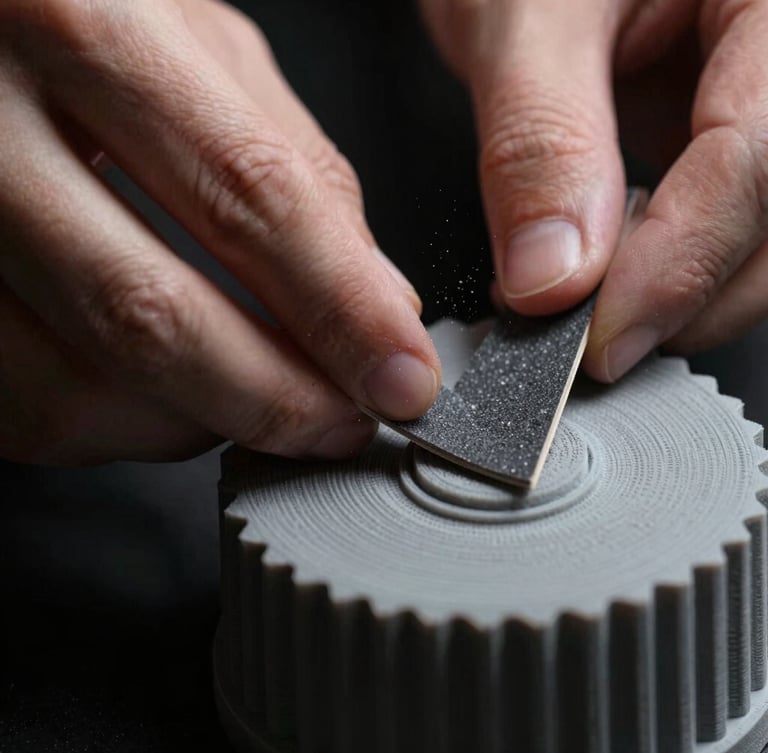 Extreme close-up of hands using fine sandpaper on a gray 3D printed model, macro lens, dramatic side-lighting, dust particles visible, dark background