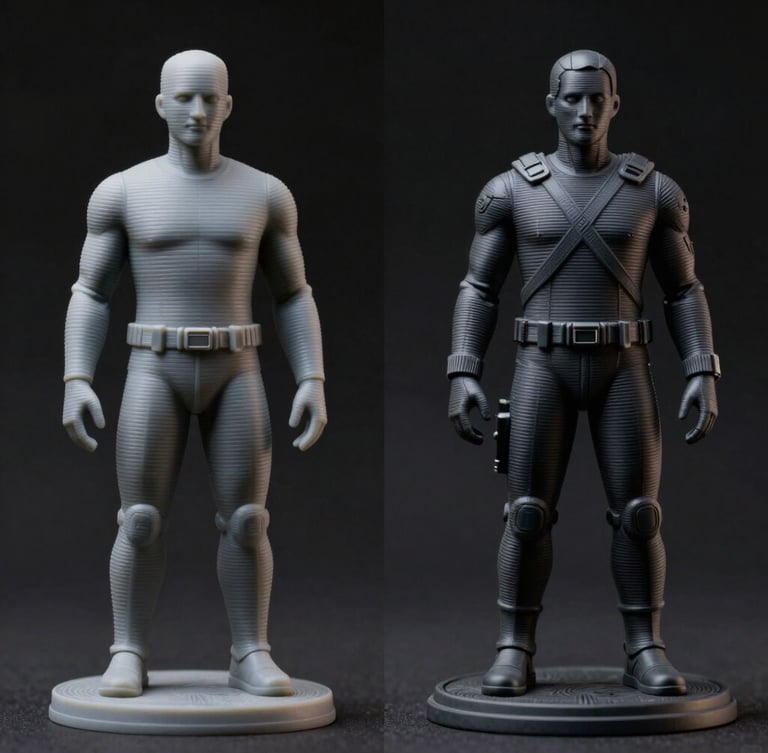 Side-by-side comparison of a raw grey FDM printed figure and a fully finished hand-painted model, dark dramatic product photography, high-contrast studio lighting, deep shadows, macro lens, sharp textures, 35mm