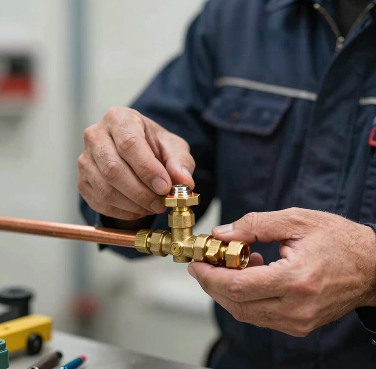 Close-up of a professional gas engineer in a dark blue uniform carefully installing a copper pipe connection with a brass pressure valve.