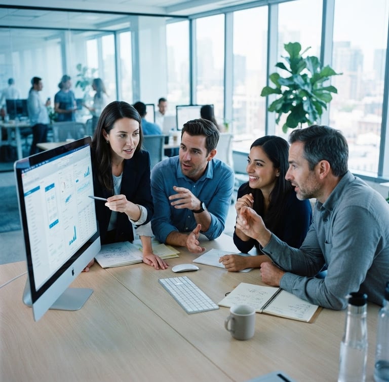 Modern editorial photography of professionals collaborating around a screen in a bright, daylight-filled workspace, cool blue tones, sharp focus, 35mm