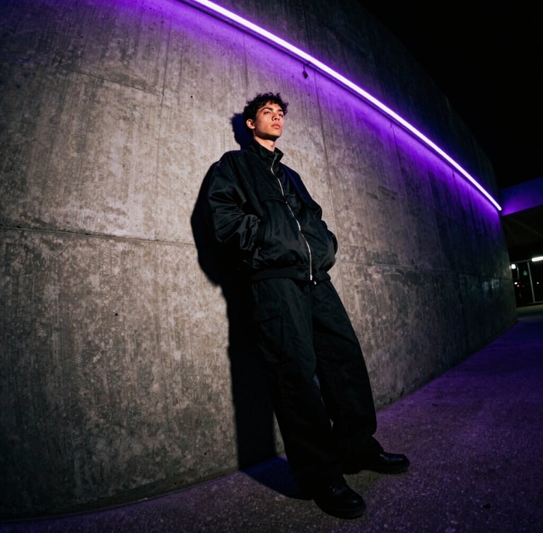 Wide-angle dynamic shot of a model wearing an oversized black streetwear jacket, leaning against a concrete wall under flickering purple neon lights, gritty film grain.