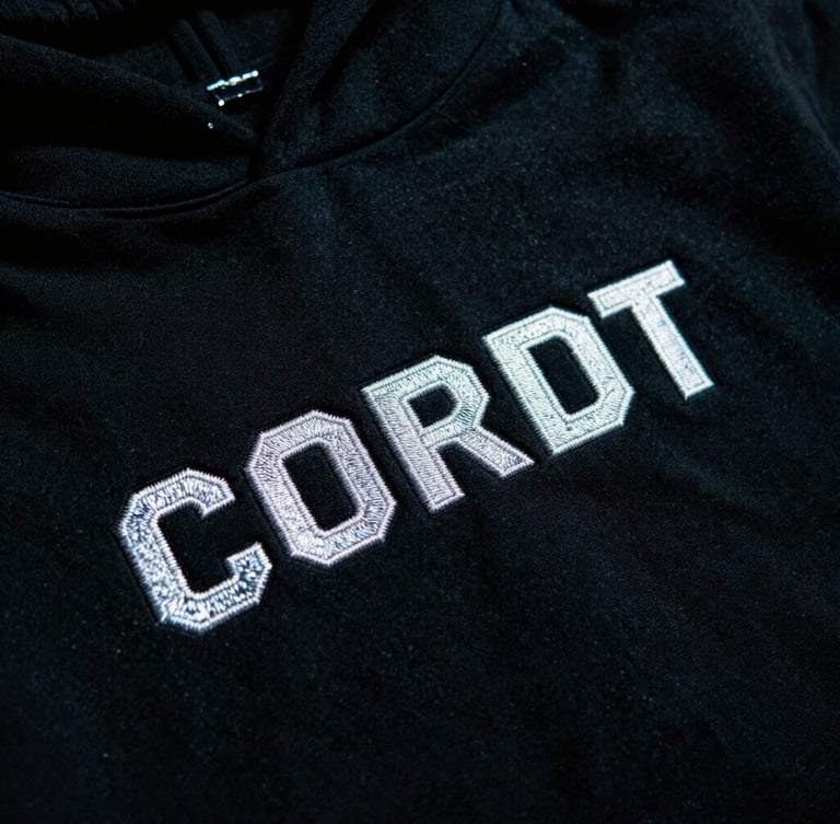 Extreme close-up of heavy cotton hoodie texture, high-contrast black fabric with bold metallic embroidery, gritty film grain, harsh night lighting.