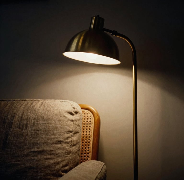 Moody architectural photography, close-up of a curved floor reading lamp casting a warm pool of light onto a linen armchair, deep shadows, rich unlacquered brass texture, medium format film.