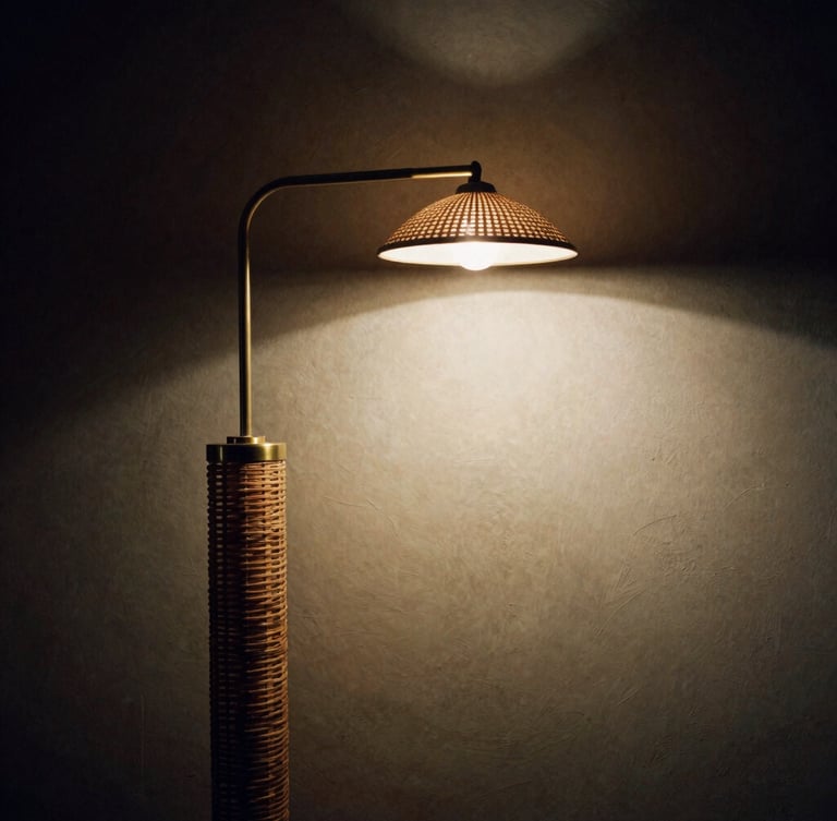 Moody architectural photography of a curved brass floor reading lamp casting a warm pool of light onto a textured plaster wall, medium format film, deep shadows.