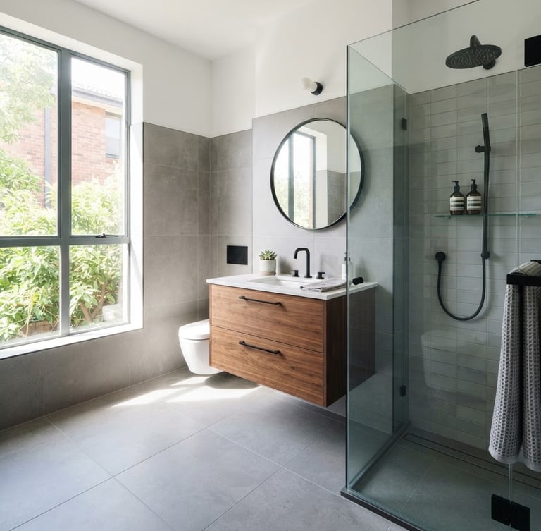 Bright, modern bathroom remodel with large format grey tiles, a floating vanity, and a frameless glass shower, bathed in natural window light. Sharp focus on clean lines and polished surfaces. Architectural photography, 35mm.