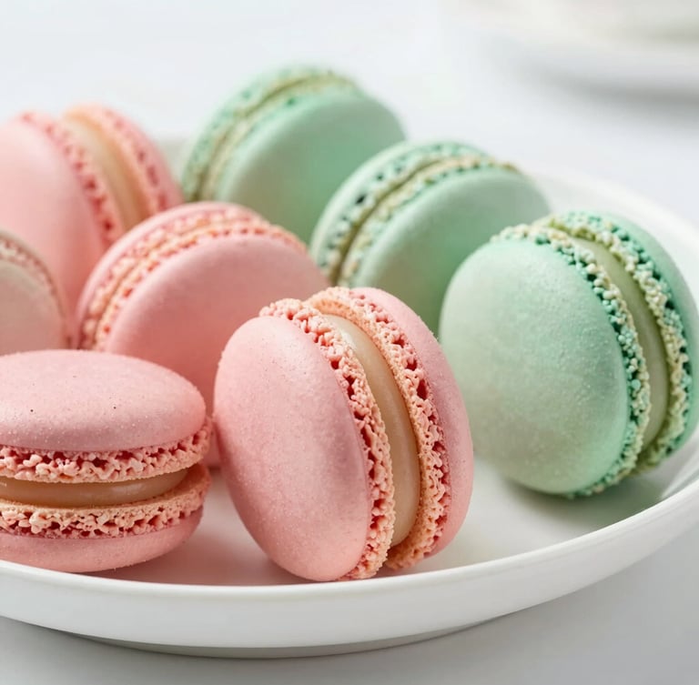 Close-up macro shot of delicate hand-rolled pastel macarons in blush pink and mint green, arranged neatly on a clean white ceramic platter under soft natural daylight.
