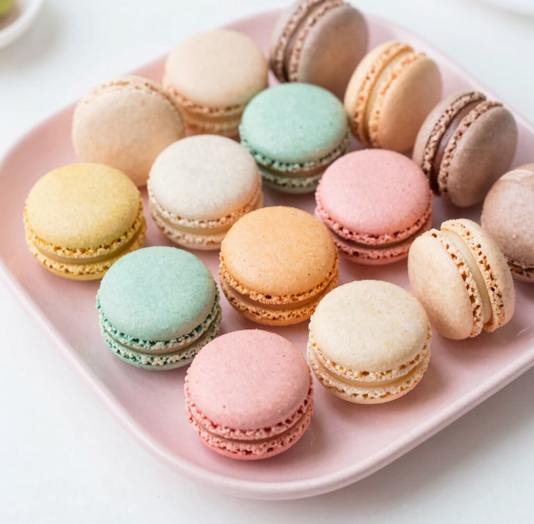 Overhead flat-lay of colorful French macarons and delicate pastries arranged on a soft pink platter, bright natural daylight, pastel tones, clean white background, shallow depth of field
