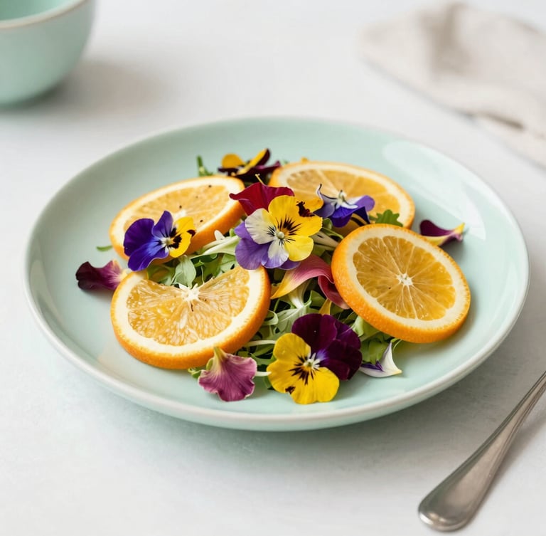 A vibrant seasonal salad with edible flower petals and citrus slices, styled on a light mint green plate, soft side daylight, bright cozy aesthetic