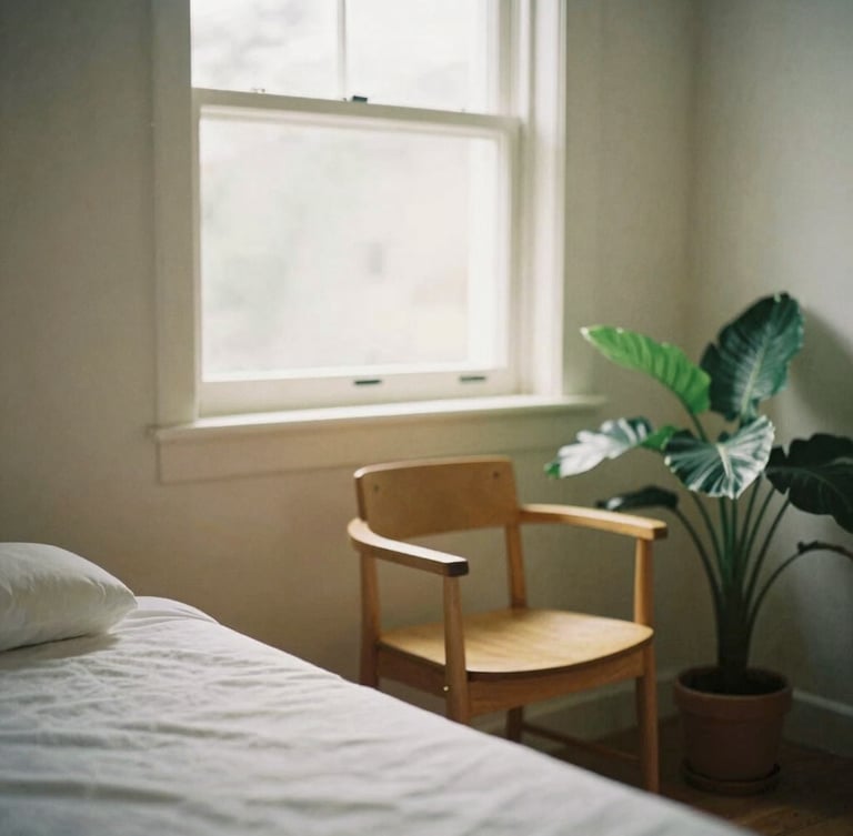 Soft natural light filtering through a window into a calm therapy room, a wooden chair, a green plant, warm editorial 35mm photography