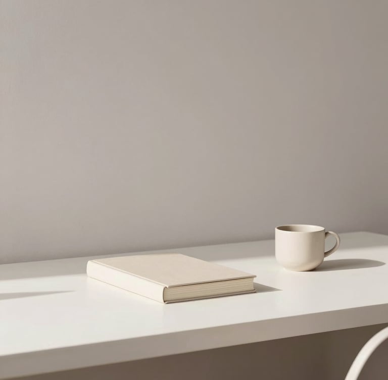 Minimalist modern home office desk, clean lines, a single closed book in light beige, a small ceramic cup, soft daylight casting long shadows.
