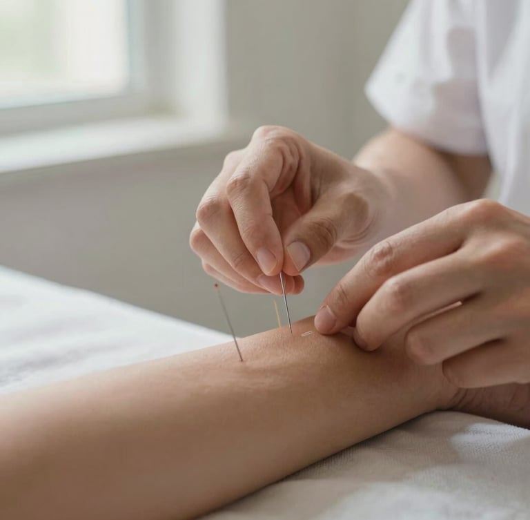 Close-up, editorial photograph of acupuncture needles placed with clinical precision on a patient's forearm. Natural daylight illuminates the scene, highlighting the therapist's focused hands. Muted earthy tones, shallow depth of field.