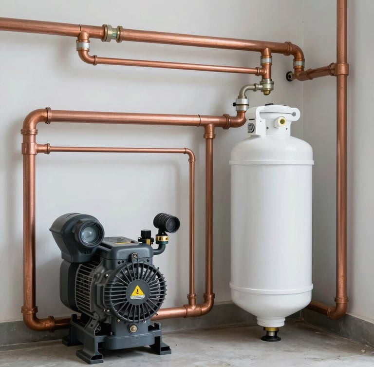 Immaculate residential utility room with high-pressure hydro-pneumatic pumps and water softeners, copper pipes perfectly aligned, bright clean lighting.