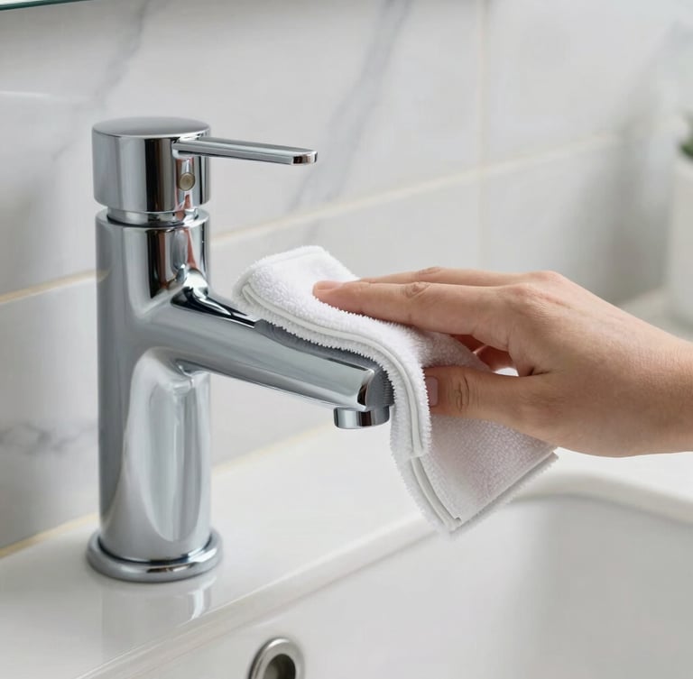 Close-up of a high-end chrome bathroom fixture being carefully polished with a microfiber cloth, pristine marble tile in the background, bright natural daylight.