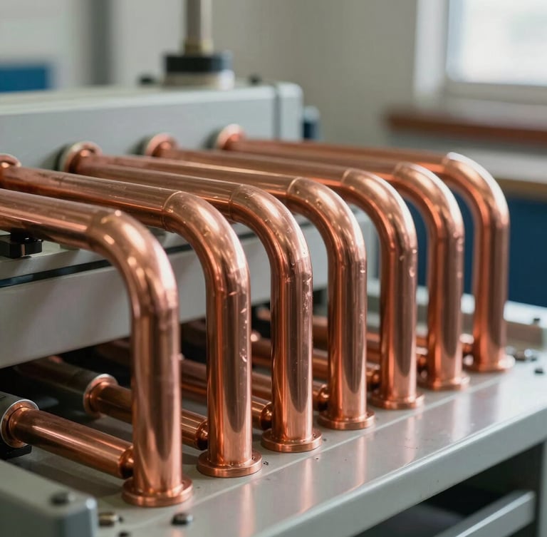 Primer plano técnico de tuberías de cobre perfectamente alineadas y brillantes en un cuarto de máquinas residencial impecable, iluminación natural nítida, enfoque preciso.