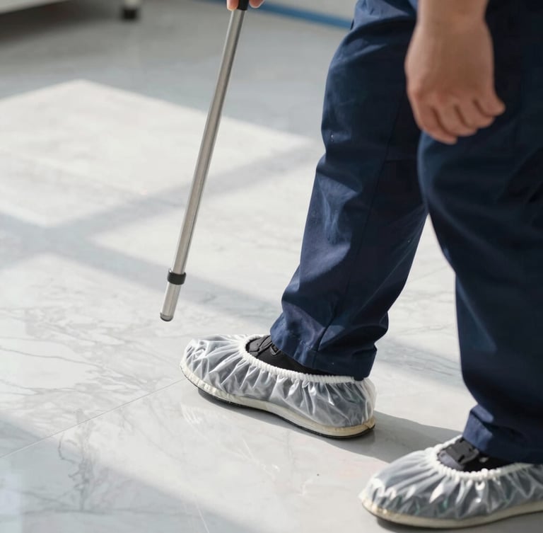 Close-up of a professional technician in a clean navy uniform wearing protective shoe covers while stepping onto a pristine marble floor, bright natural daylight.