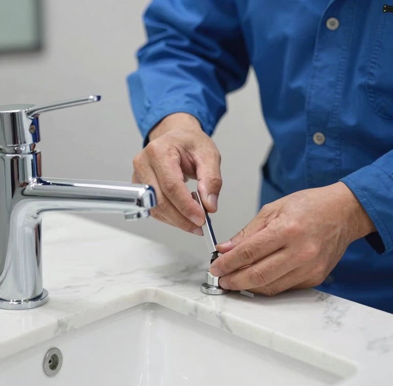 Close-up of a professional technician wearing a clean blue uniform installing a luxury polished chrome faucet on a pristine white marble countertop, bright natural daylight, sharp focus on the precise tool alignment.