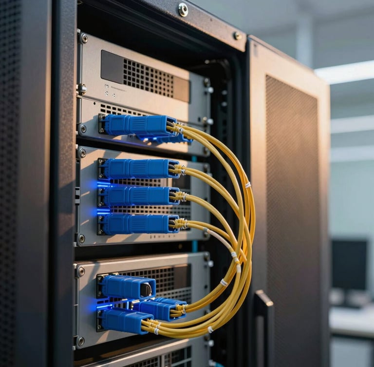 Close-up of technical IT server installations with glowing blue and gold fiber optic cables, clean and modern Saudi enterprise environment, sharp architectural focus