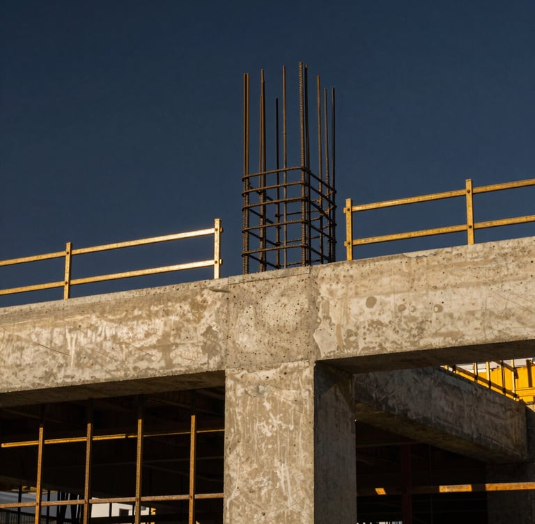 Medium-close shot focusing on precise structural concrete details and steel reinforcement on a commercial site, deep navy sky, golden sunlight, sharp focus.