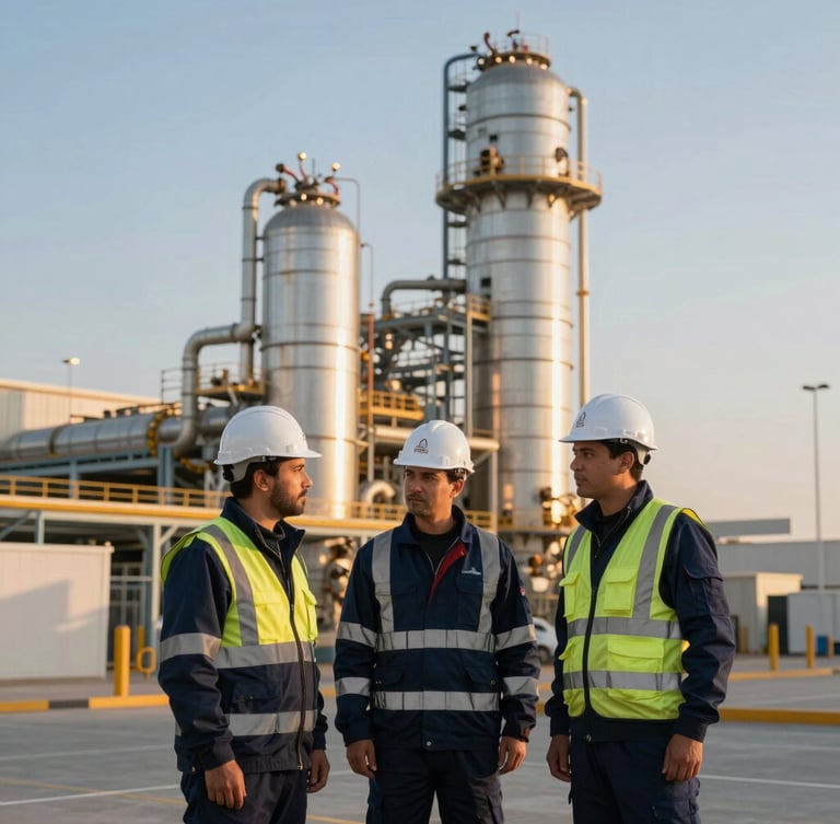Professional Saudi field engineers in high-visibility safety jackets and white hard hats inspecting a modern industrial site under warm golden hour sunlight, architectural scale, premium photography