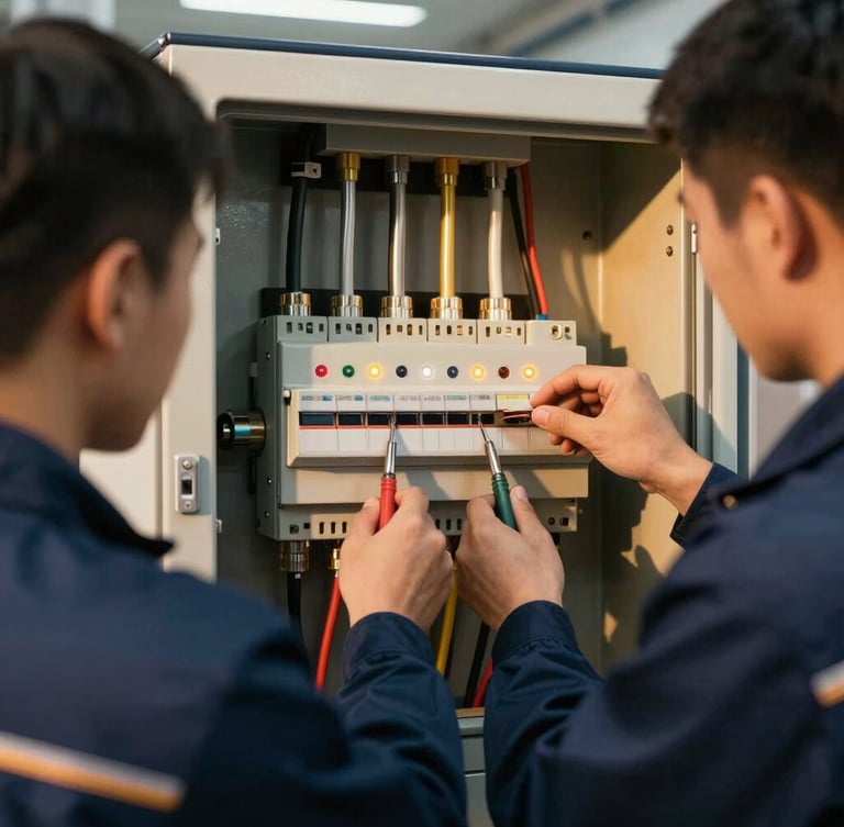 Close-up of a technical maintenance team repairing a central electrical panel inside a modern facility, glowing indicator lights, sharp focus, professional tools