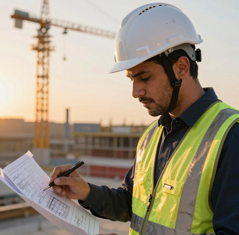 Close-up of a Saudi civil engineer wearing a white hardhat and high-visibility safety vest with gold accents, inspecting technical blueprints on a construction site at sunset