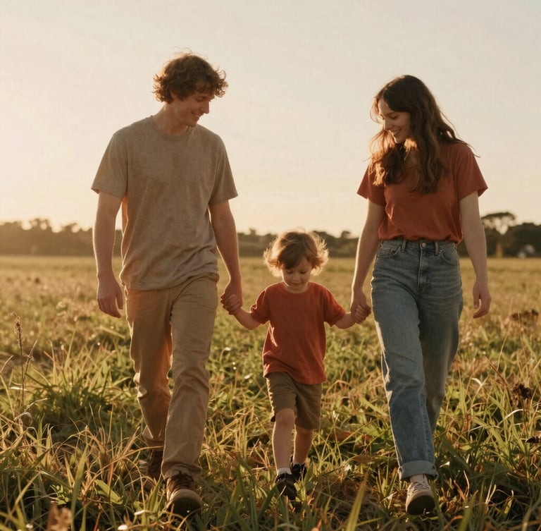 A candid environmental portrait of a family walking hand-in-hand through a sun-drenched grassy field at golden hour, warm backlit atmosphere, nostalgic 35mm film aesthetic.
