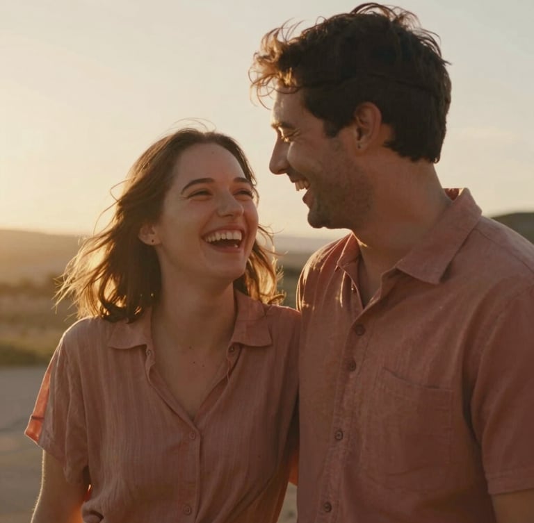 A warm, sun-drenched medium shot of a couple laughing naturally, backlit by golden hour sunlight, soft terracotta tones, cinematic depth of field, 35mm film style.