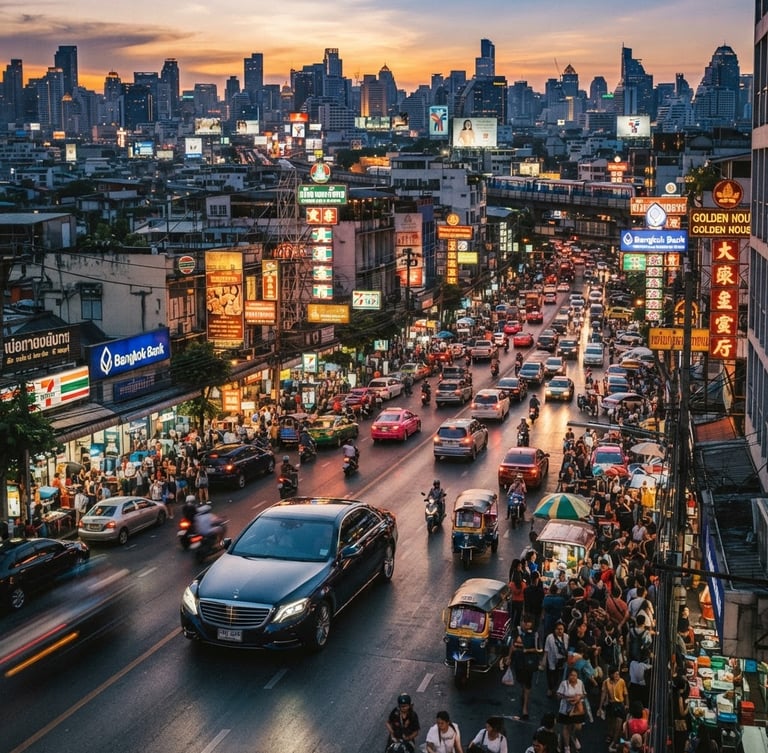 Wide panoramic shot of a bustling Bangkok street at golden hour, neon signs beginning to glow, a sleek luxury car passing by, viewed from a high vantage point, rich editorial photography, high-contrast, saturated warm tones.