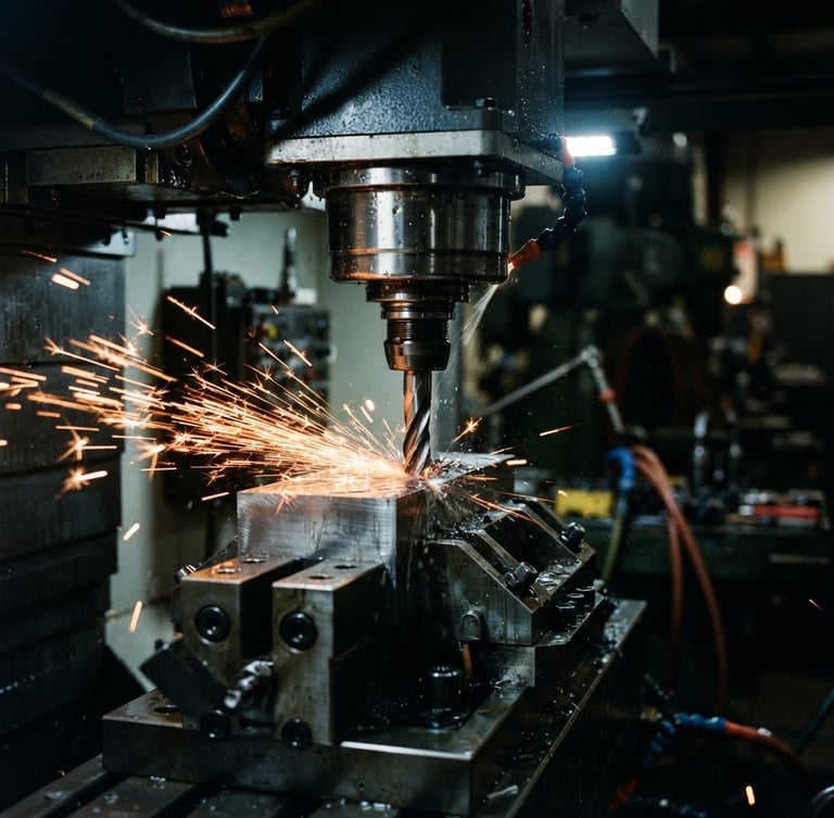 Industrial workshop photography, high-contrast dramatic lighting, cool metallic tones, sharp macro focus on a 5-axis CNC milling machine cutting raw steel, flying sparks, 35mm