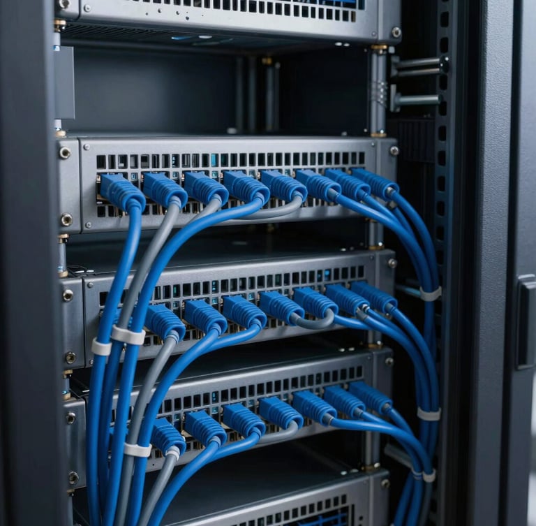A close-up of a meticulously organized enterprise server rack, clean blue and graphite cables routed with technical precision, sharp focus, cool high-contrast studio lighting.