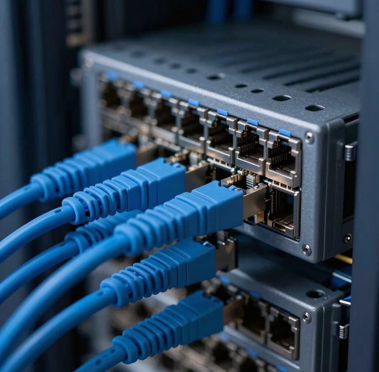 Macro photograph of clean enterprise server rack cabling, cool-toned high-contrast blue and graphite lighting, sharp focus on ethernet connections.