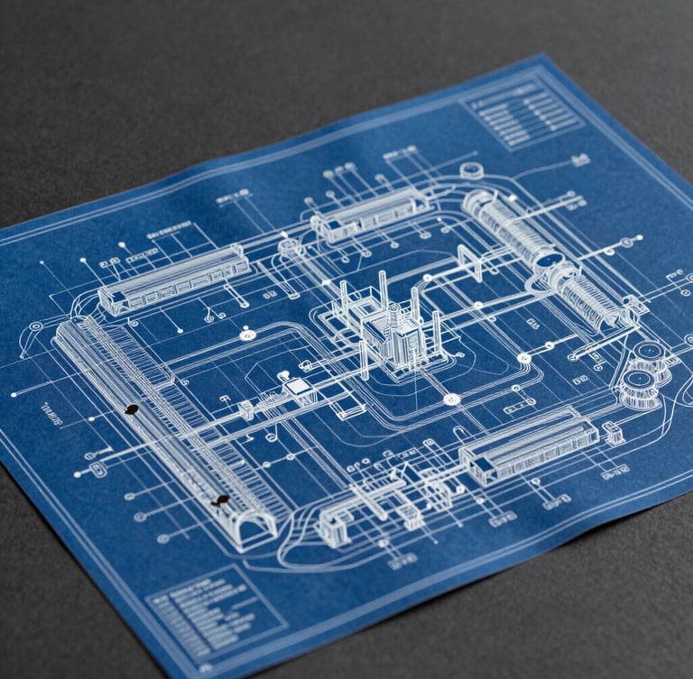 An overhead technical layout blueprint of an industrial facility network map, sharp lines, deep graphite background with power blue schematic overlays.