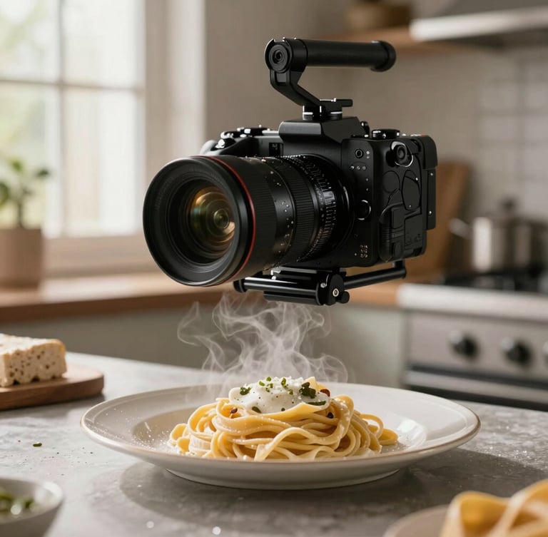 Close-up of a professional camera rig positioned over a steaming plate of handmade pasta, soft side-lighting from a window, rustic kitchen background.