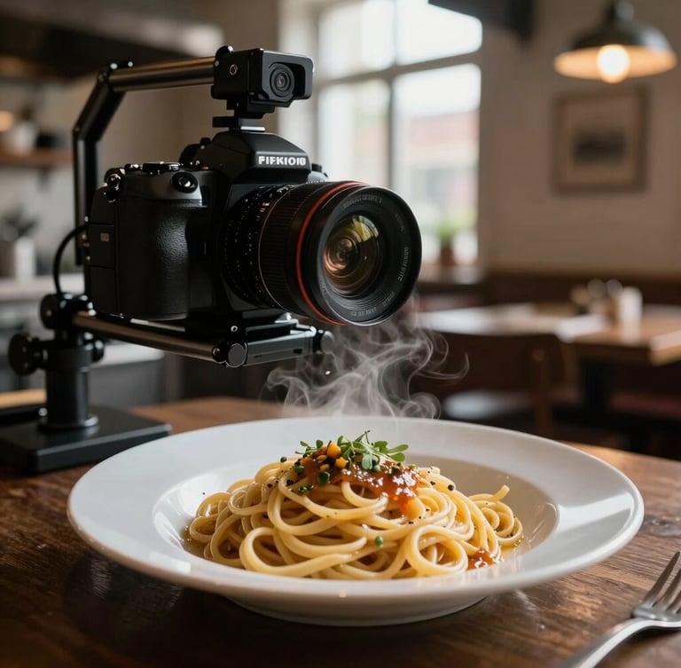 A close-up, low-lit shot of a camera rig positioned over a steaming plate of fresh hand-rolled pasta in a cozy Scandinavian-style restaurant kitchen, natural window light.