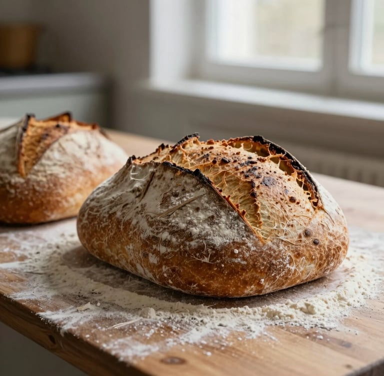A close-up macro shot of fresh sourdough loaves resting on a flour-dusted wooden prep table, soft side-lighting from a window, rustic kitchen setting
