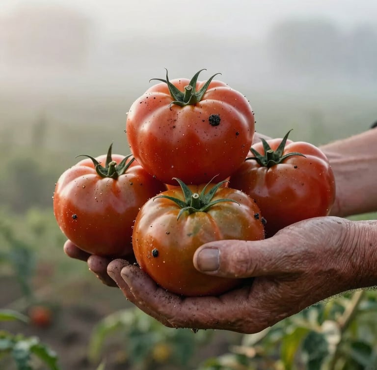 A close-up vertical shot of weathered hands holding freshly harvested heirloom tomatoes with soil clinging to them, soft morning light, misty farm field background.