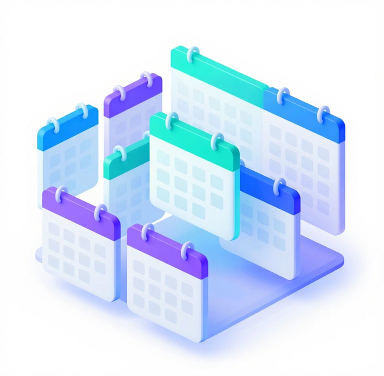 Isometric 3D render of a clean scheduling dashboard interface with floating calendar blocks, vibrant cyan and purple gradients, glassmorphism, neon backlighting, ultra-detailed