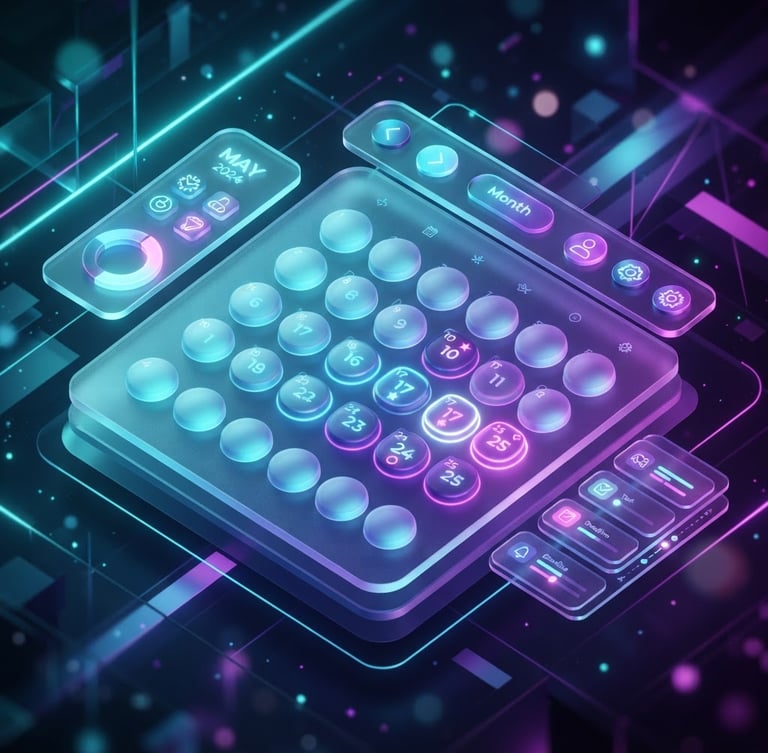 premium 3d render, vibrant neon backlighting, glassmorphism, clean isometric calendar interface, cyan and purple gradients, ultra-detailed