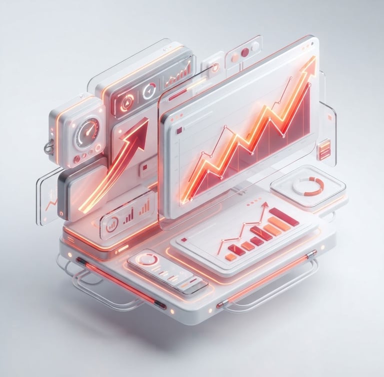 Isometric 3D render of a floating dashboard with upward-trending line charts, bright white background, crimson and orange accents, soft studio lighting