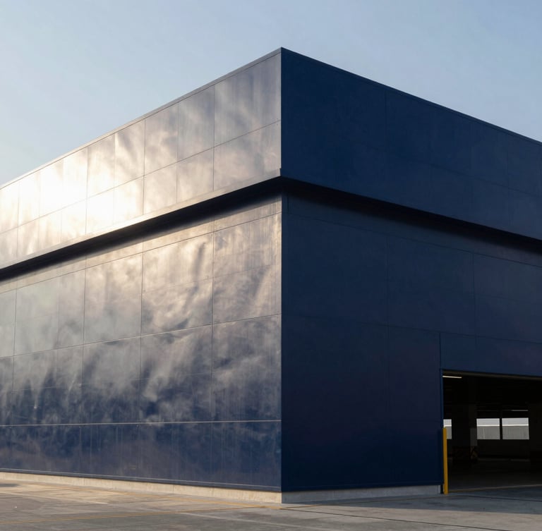 Crisp daylight shot of modern architectural shipping terminal in Doha, clean metallic surfaces, deep navy tones, sharp focus, 35mm.