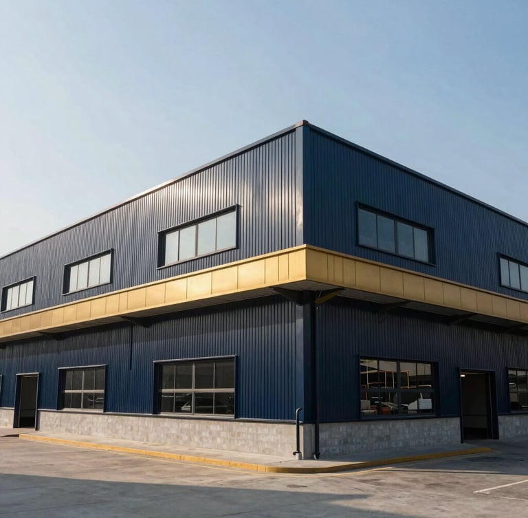 Wide-angle architectural shot of a modern industrial warehouse, high-contrast daylight, golden accents, sharp focus, 35mm