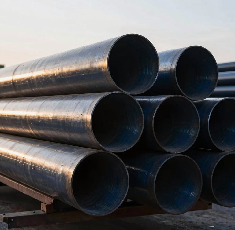 Crisp close-up of heavy industrial steel pipes stacked neatly in a warehouse, subtle golden-hour highlights reflecting off metallic surfaces, deep navy tones